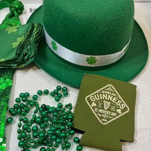 St Patrick's Day Hat, Tie, Scarf, Beads, Vintage Guinness Koozie Package Lot